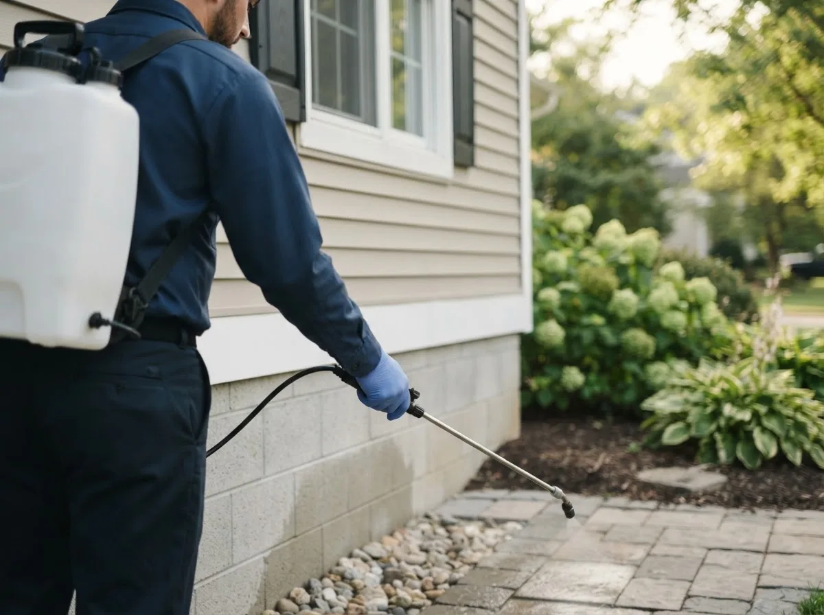Pest control technician inspecting a home in Cutler, OH